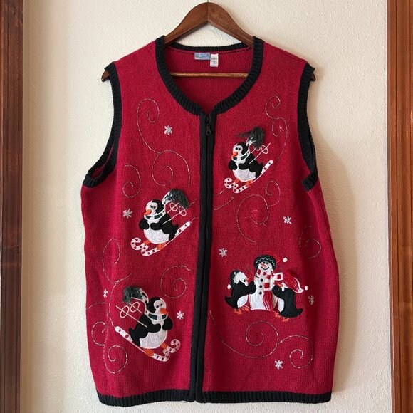 Holiday Editions Ugly Christmas Sweater Vest Zip Skiing Penguins Snowman Size 1X - Picture 1 of 11